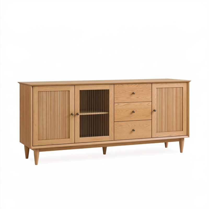 Buffet 180 x 40 x 80 cm en bois chêne naturel avec portes vitrées style scandinave