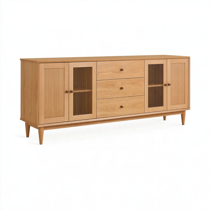 Buffet 180 x 45 x 85 cm en bois naturel à 3 tiroirs et 4 portes style scandinave