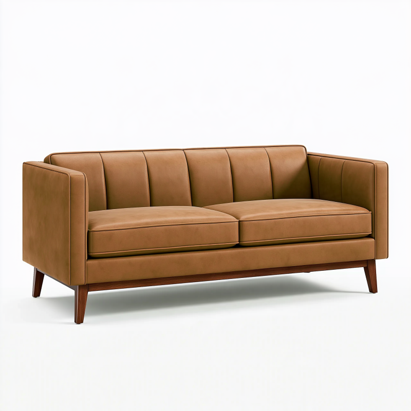 Canapé 2 places 180 cm aspect cuir marron avec pieds en bois style moderne