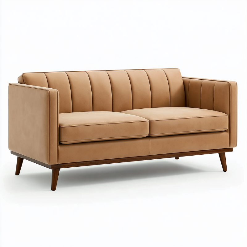 Canapé 2 places 170 x 85 x 82 cm en revêtement aspect cuir camel style vintage avec pieds en bois