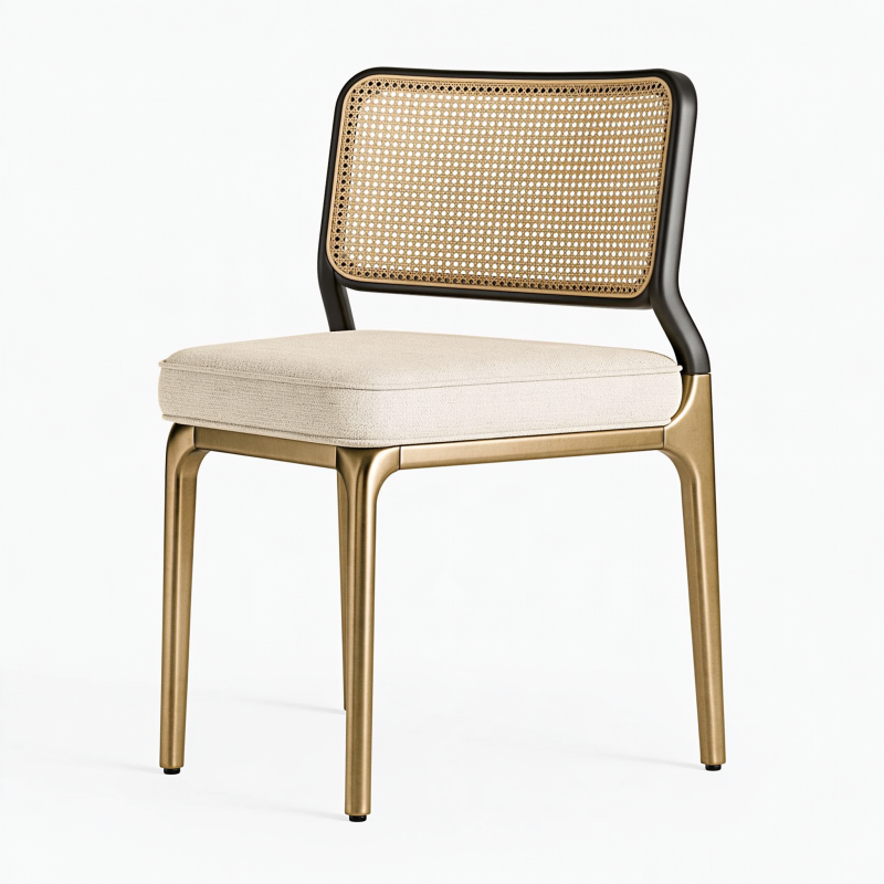 Chaise de salle à manger 54 x 58 x 82 cm en métal doré avec dossier en cannage et assise beige