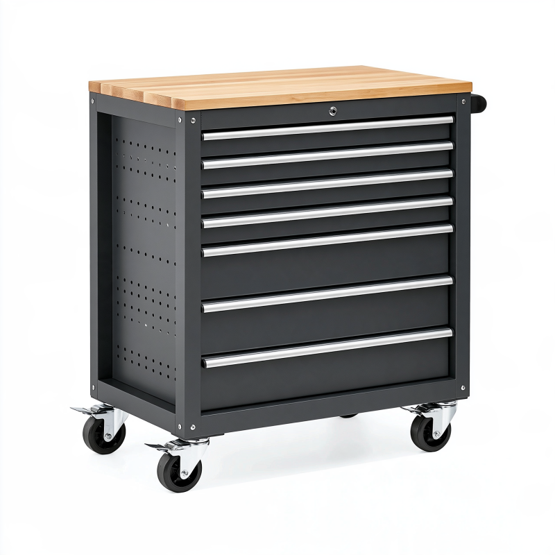 Servante d atelier 77 x 46 x 97 cm en acier noir avec plateau en bois et 7 tiroirs roulante
