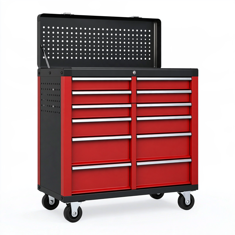 Servante d atelier 113 x 46 x 100 cm en acier rouge et noir avec 12 tiroirs mobile
