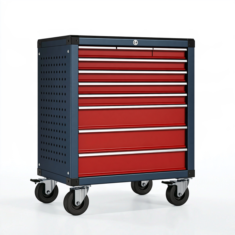 Servante d'atelier 77 x 46 x 97 cm en acier bleu et rouge à 8 tiroirs sur roulettes