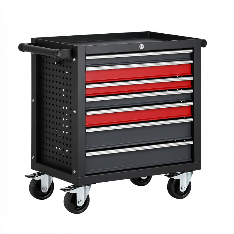 Chariot à outils 77 x 46 x 97 cm en acier noir rouge à 7 tiroirs sur roulettes