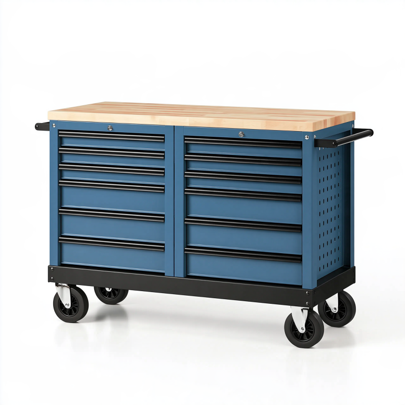 Établi roulant à tiroirs 150 x 70 x 95 cm en acier bleu avec plateau en bois