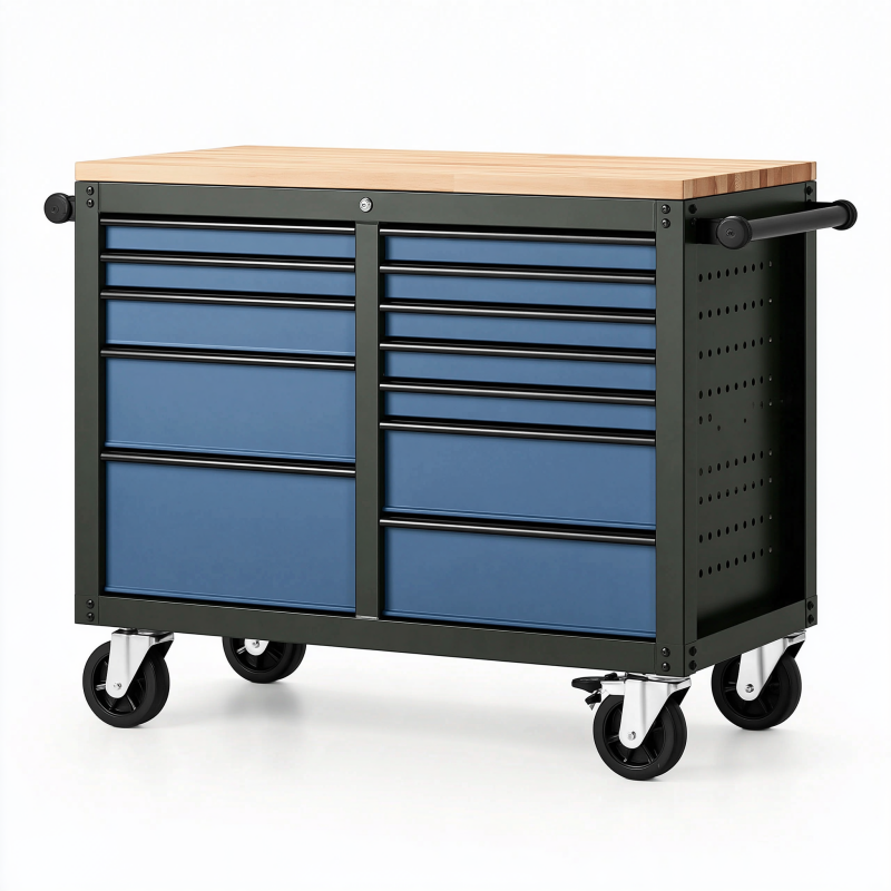 Servante d'atelier 110 x 55 x 95 cm en acier noir et bleu avec plateau en bois et 12 tiroirs