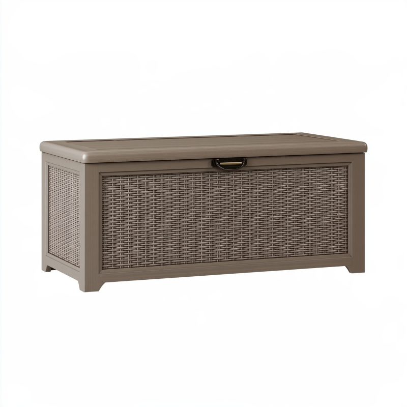 Coffre de rangement 120 x 50 x 55 cm en résine tressée taupe à couvercle style naturel