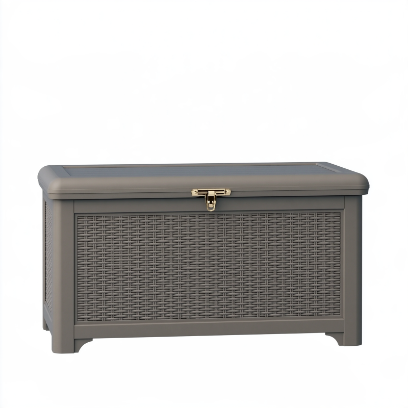 Coffre de rangement extérieur 120 x 60 x 60 cm en plastique gris anthracite effet tressé avec couvercle