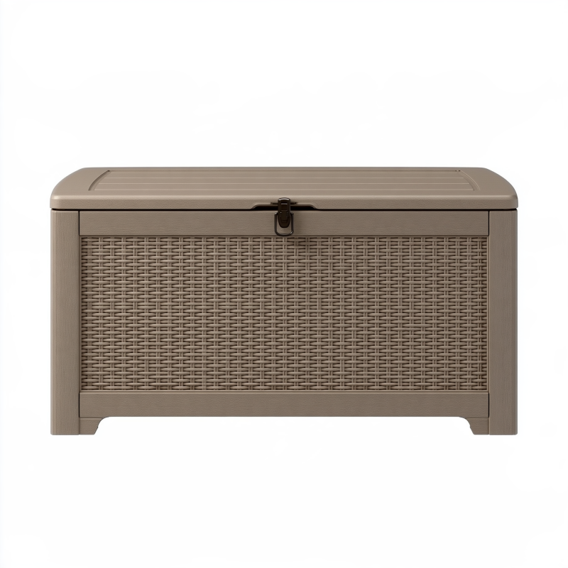 Coffre de rangement extérieur 120 cm x 55 cm x 60 cm en résine taupe avec couvercle à loquet