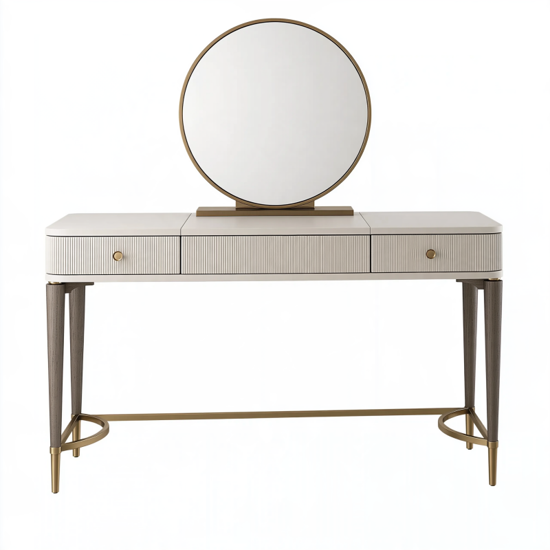Coiffeuse 120 x 45 x 145 cm beige et brun avec miroir rond et 3 tiroirs style contemporain
