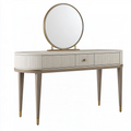 Coiffeuse 120 cm beige et doré avec miroir rond et tiroirs style contemporain