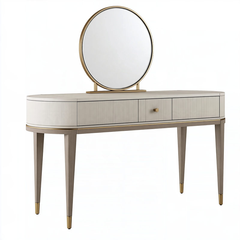 Coiffeuse 120 cm beige et doré avec miroir rond et tiroirs style contemporain