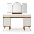 Coiffeuse 140 cm en panneaux de bois blanc et bois avec miroirs style rétro