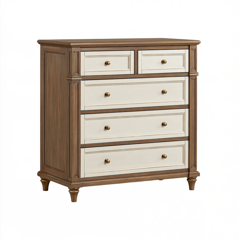 Commode 120 x 45 x 105 cm en bois marron et blanc à 5 tiroirs style classique