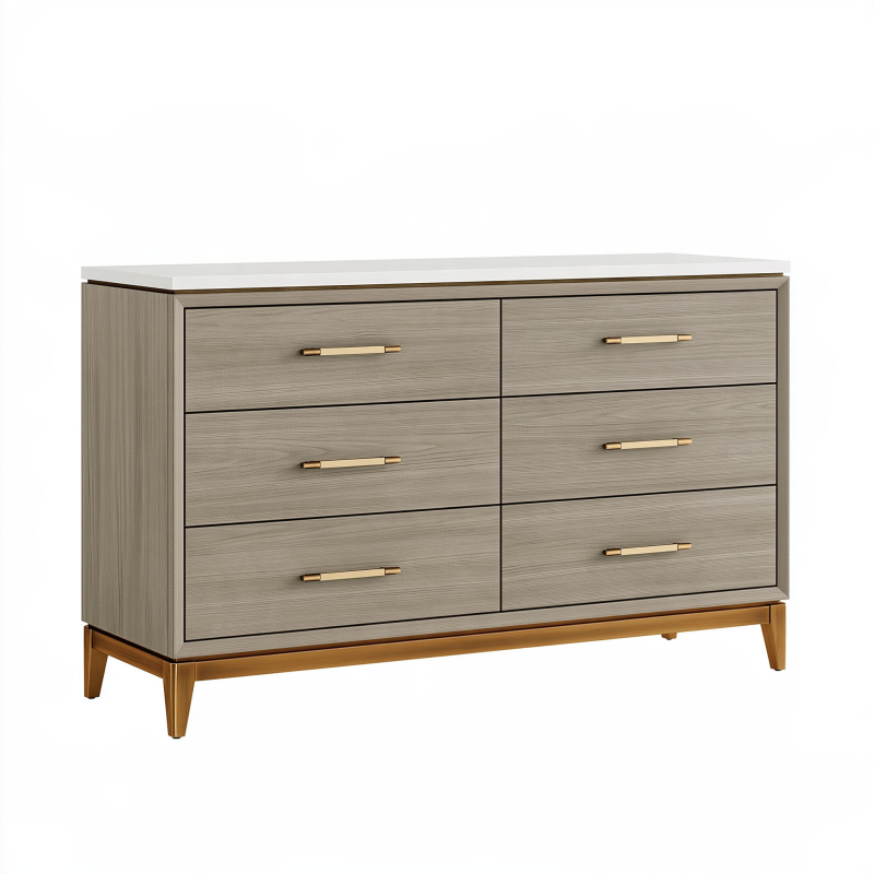 Commode 160 x 45 x 85 cm en bois gris avec plateau blanc et six tiroirs style contemporain