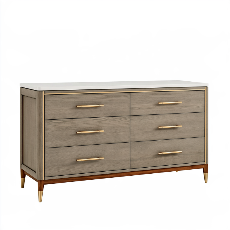 Commode 6 tiroirs 160 x 45 x 85 cm bois gris plateau blanc style contemporain