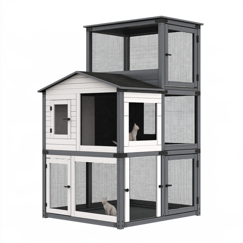 Enclos pour chat 100 x 60 x 190 cm en bois et acier gris anthracite blanc à 3 niveaux pour extérieur
