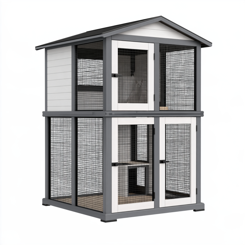 Enclos extérieur pour chats 120 x 80 x 180 cm en bois et maille métallique gris blanc à deux niveaux