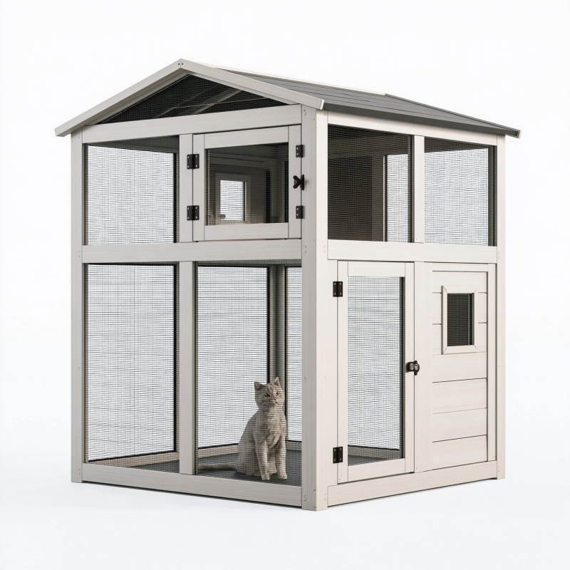 Enclos pour chat 120 x 120 x 180 cm en bois gris/blanc avec grillage - abri extérieur à toit