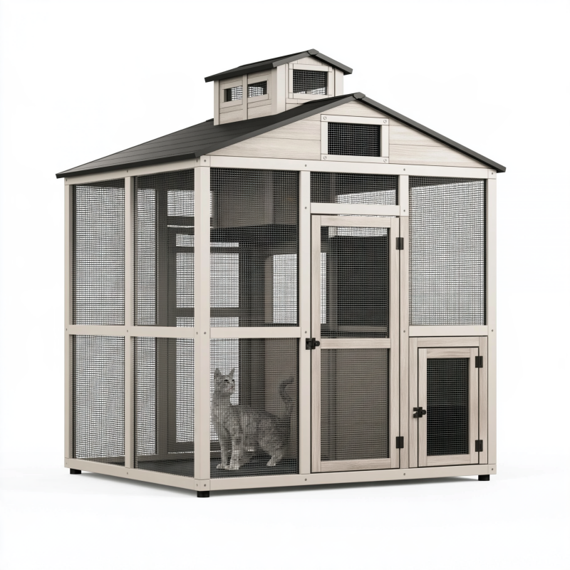 Enclos extérieur pour chat 180 x 90 x 180 cm en bois beige et noir avec grillage et toit